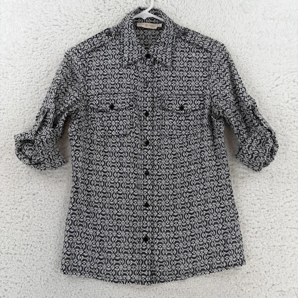 Tory Burch Button Up Shirt Womens 4 Black Geometric Print Roll Tab Sleeve Top
